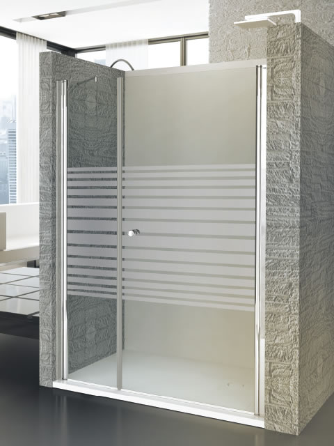 mampara frontal puerta y fijo en cromo y cristal decorado