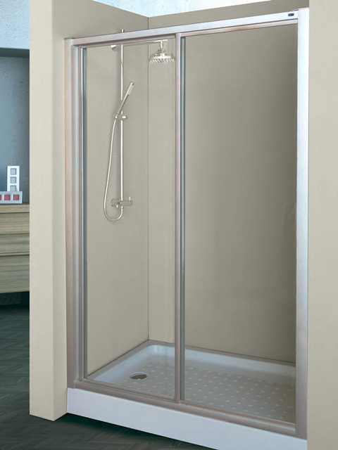 mampara frontal fijo y corredera en plata brillo y cristal transparente