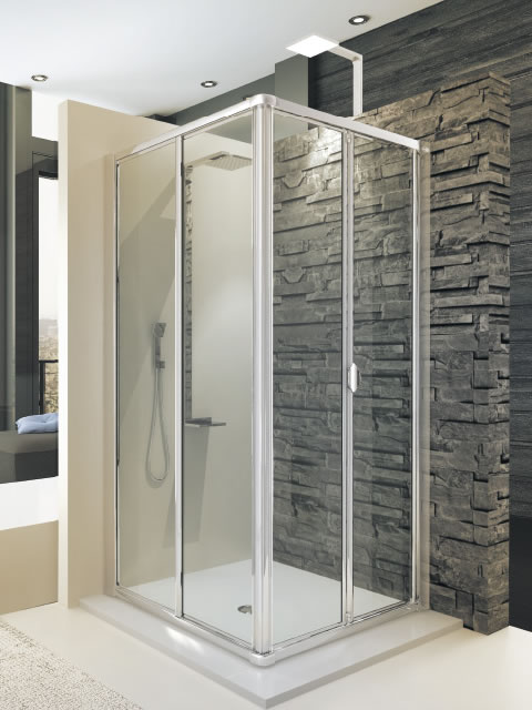 mampara angular dos plegables, fijo y corredera en plata brillo