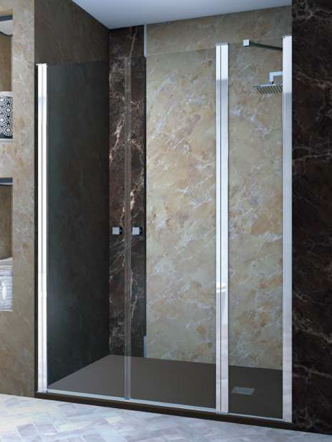 mampara frontal 2 puertas abatibles y 1 fijo en plata brillo