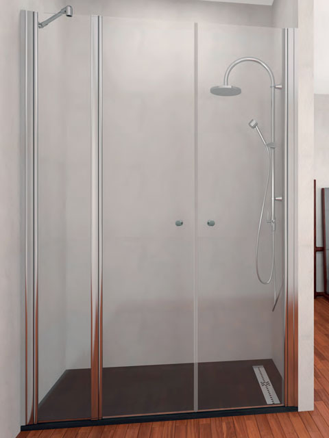 mampara 1 fijo y dos puertas abatibles en plata brillo