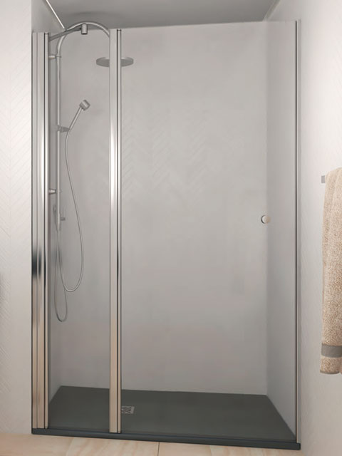 mampara de ducha una hoja fija y puerta abatible en plata brillo