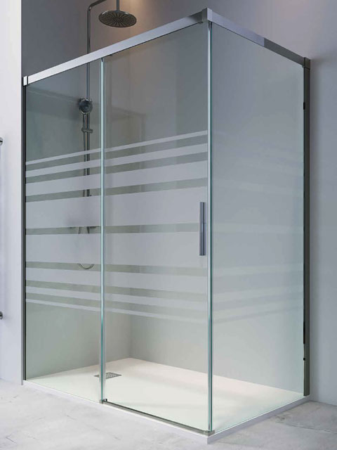 Mampara angular 1 fijo + 1 puerta corredera + 1 fijo lateral en decorado N30