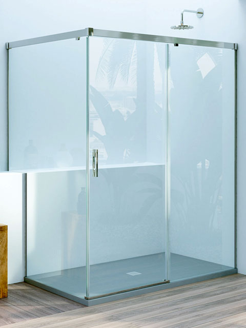 Mampara angular 1 fijo, 1 corredera, 1 fijo lateral con forma