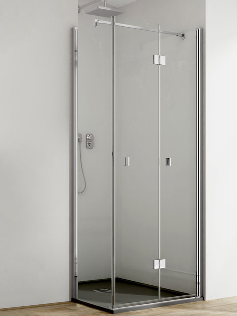 dos hojas plegables y lateral fijo a esquina de pared